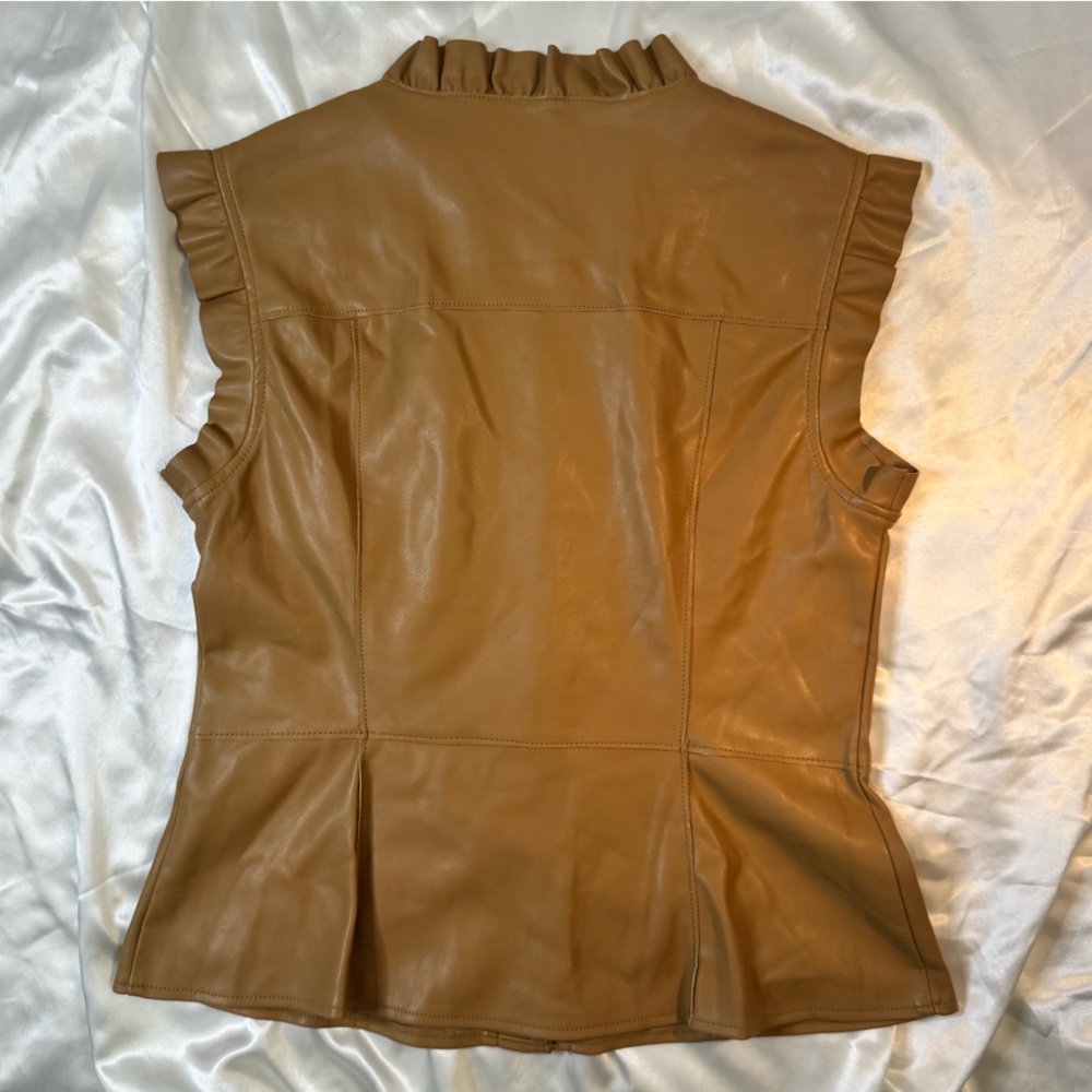 Women's Tan Faux Leather Button-Up ruffle Top - Picture 6 of 6